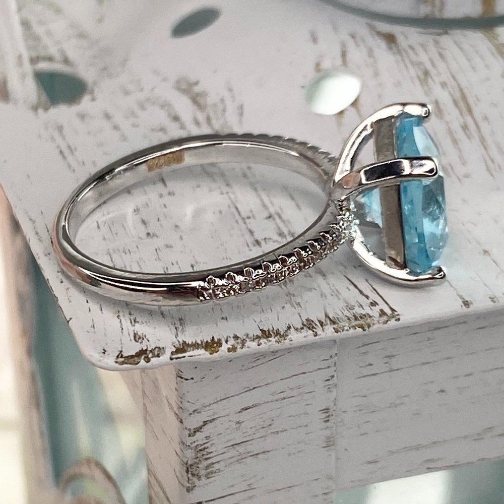 925 Sterling Silver Blue Cubic Zirconia Engagement Ring Size 6 - Picture 3 of 8